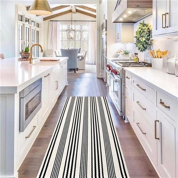 Black and White Striped Rug 24'' x51''Outdoor Front Porch Rug Hand-Woven Machine - Picture 6 of 7